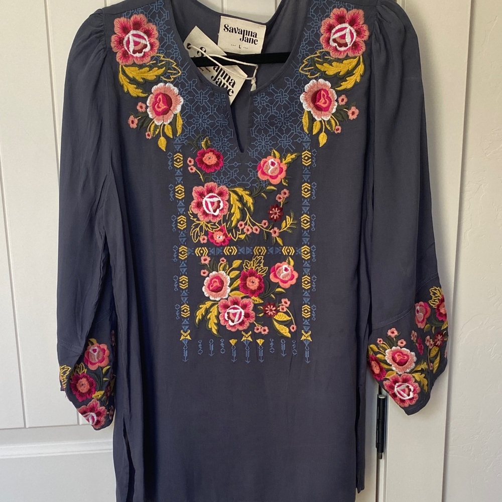 Savanna Jane Charcoal Tunic with Floral Embroidery